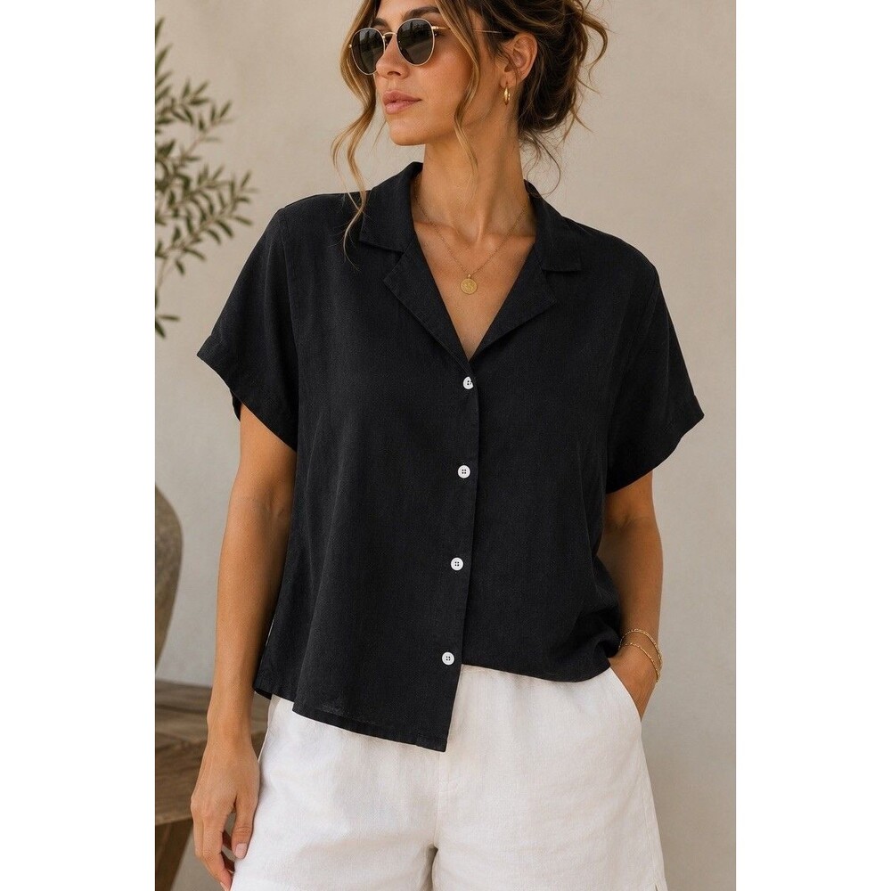 Quince 100% Linen Black Button Front Camp Shirt Top Women’s Medium M